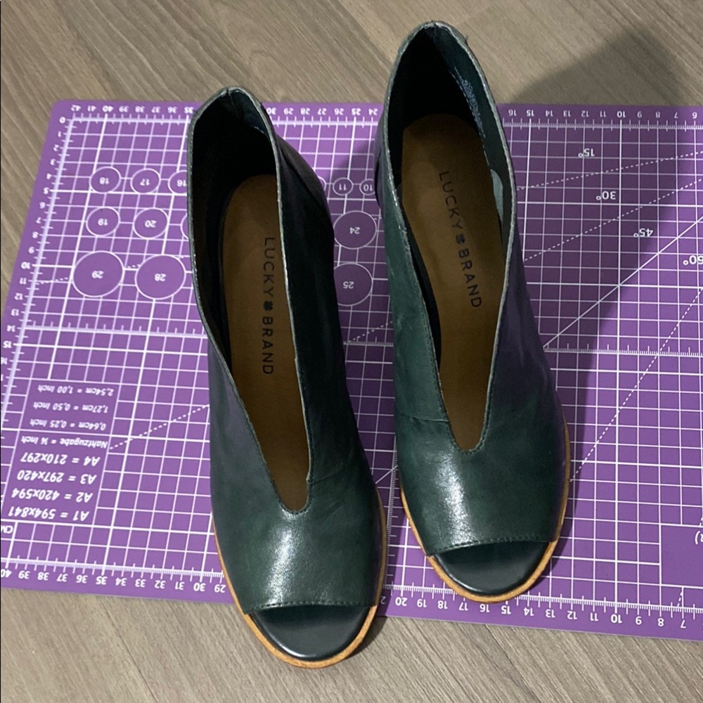 Lucky Brand Dark Green Peep-Toe Heeled Boots.